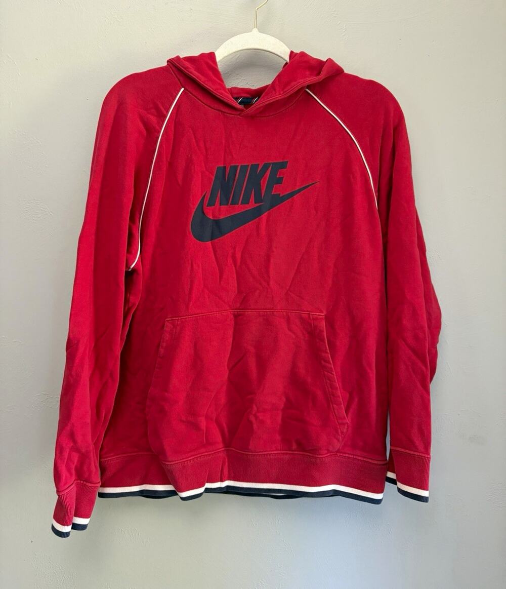 Vintage Nike Red Cotton Blend Fleece Pullover Hoodie Size L (0236)